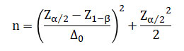 必要なサンプルサイズ n＝((Zα/2－Z1-β)÷Δ0)²＋(Zα/2)²÷2 を示す式